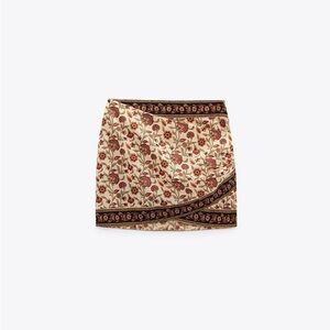 Zara Printed Wrap Floral Cream and Red Mini Skirt